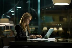 AI generated business woman working on laptop in the office late night photo