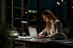 AI generated business woman working on laptop in the office late night photo