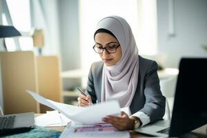 AI generated Portrait of Muslim Businesswoman Wearing Hijab Works on Engineering Project Does Document and Blueprints Analysis. Empowered Digital Entrepreneur Works on eCommerce Startup Project photo