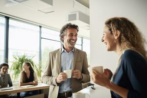 AI generated Business persons on meeting in the cafe or office with coffee cups photo