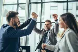 AI generated Young happy laughing creative team multicultural coworkers or group celebrate success together giving high-five in office classroom. photo