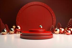 AI generated merry Christmas 3d rendered red Podium display for event photo