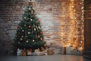 AI generated View of beautifully decorated christmas tree in old home photo