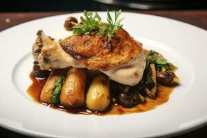 AI generated Plated chicken roast dinner on a white plate with carrot and morel mushroom. AI Generated. photo