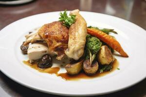 AI generated Plated chicken roast dinner on a white plate with carrot and morel mushroom. AI Generated. photo