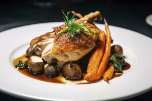 AI generated Plated chicken roast dinner on a white plate with carrot and morel mushroom. AI Generated. photo
