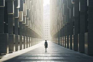 AI generated Woman walking in futuristic brutalist city street.  AI Generated. photo