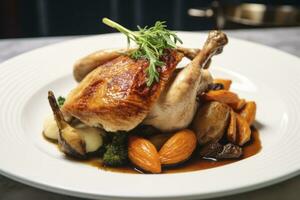 AI generated Plated chicken roast dinner on a white plate with carrot and morel mushroom. AI Generated. photo
