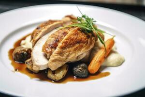 AI generated Plated chicken roast dinner on a white plate with carrot and morel mushroom. AI Generated. photo