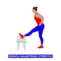 Vector Man Doing Bench Hamstring Stretch. An Educational Illustration On A White Background.