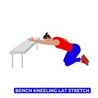 Vector Man Doing Bench Kneeling Lat Stretch. An Educational Illustration On A White Background.