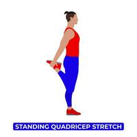 Vector Man Doing Standing Quadricep Stretch. An Educational Illustration On A White Background.