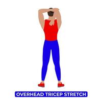 Vector Man Doing Overhead Tricep Stretch. An Educational Illustration On A White Background.