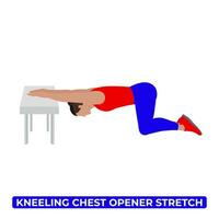 Vector Man Doing Kneeling Chest Opener Stretch. Thoracic Extension. Lats Stretch. An Educational Illustration On A White Background.