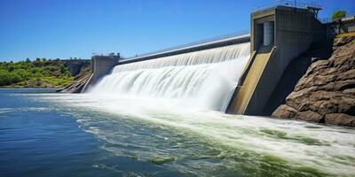 ai generado hidroeléctrico represa generando verde energía desde fluido agua. ai generado. foto