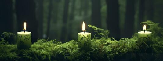 AI generated Burning candles on moss, dark green blurred the natural background. Magic candle. Generative AI photo