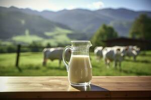 ai generado vaso lanzador con Fresco Leche en un de madera mesa. ai generado foto