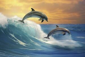 AI generated Playful dolphins jumping over breaking waves. Hawaii Pacific Ocean wildlife scenery. Generative AI photo