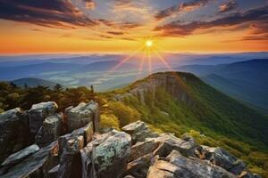 ai generado puesta de sol en pedregoso hombre montaña. ai generado foto