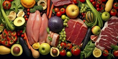 ai generado diferente tipos de carnes, verduras, y frutas laico en supermercados generativo ai foto