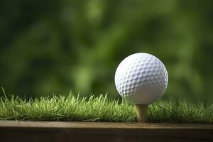 ai generado blanco golf pelota en de madera tee con césped. generativo ai foto