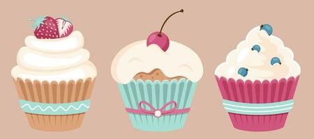 Set of Tasty cupcakes with various frosting isolated. Sweet muffins with fresh berries in color paper cups. Sweet dessert closeup with cherry, strawberry, blueberry, sprinkling. Vector illustration
