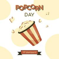 National Popcorn day. Festive banner in retro style. Vintage old background with text, greeting ribbon, traditional American food. Full popcorn bucket. Tasty kids dish. Vector illustration