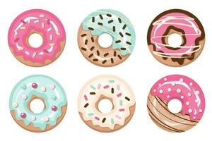 Set of Donuts glazed isolated. Doughnuts with color sugar glaze, and sprinkling. Tasty fried luscious rolls with pink, cream, vanilla, chocolate frosting. Sweet dessert closeup. Vector illustration