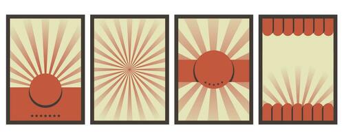 Set of abstract trendy posters, flyers, banners in retro style of 60s, 80s, 70s. Hand drawn hipster brochure with sunlight, circles, various shapes. Vintage templates for any purposes.Vector vector