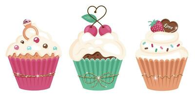 Set of festive sweet muffins with various frosting in paper cups and glitter ribbon. Tasty cupcakes with heart shaped chocolate, ring, cherry, cream, sprinkling. Romantic and wedding concept. Vector