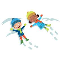 Children making snowmen playing outdoors in winter vector