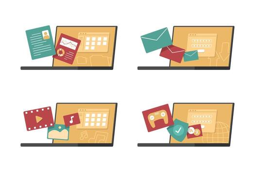 Set of Laptop Computers with Application Symbols for Technology Concept Illustration vector