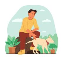 hombre sentado en rock con perro en parque vector