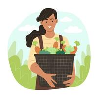 Farmer Woman Holding Basket Full of Fresh Vegetables vector