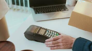 woman customer using QR code payment via smartphone for paying at shop video