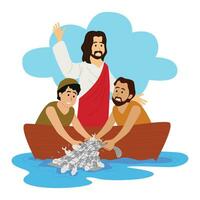 Jesus and his first disciples Simon Peter and Andrew who were fishermen, Jesus performed a miracle for Simon Peter and Andrew by catching many fish in the sea vector