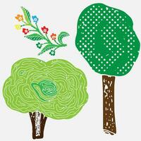 un conjunto de arboles y flores con un verde hoja vector