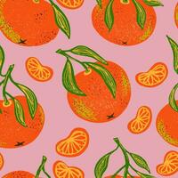 a pattern with oranges and leaves on a pink background vector