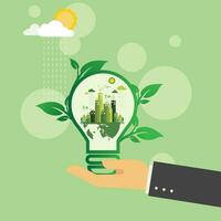 Design for green energy banner, environmentally friendly, light bulb shape with city and park, concept of saving the planet and energy, paper illustration and 3d paper. vector