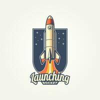 launching rocket vintage badge logo template vector illustration design. retro futuristic, space, innovation emblem logo concept