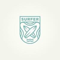 surfing minimalist line art badge logo template vector illustration design. simple modern surfer, water sport, surfboard emblem logo concept