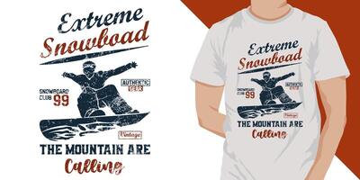 Extreme snowboard the mountain are calling t shirt design. Skiing snowboarding vintage t shirt design photo