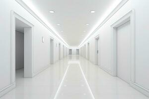 AI generated Interior design of a modern luxurious white building corridor or hallway with waiting seat. AI Generated photo