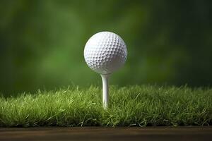 AI generated White golf ball on wooden tee with grass. Generative AI photo