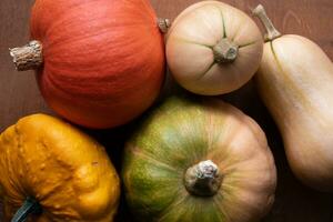 variedad de calabazas en un mesa, nuez moscada, pattypan, calabaza foto