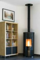 Modern domestic pellet stove, granules stove with flames and library photo