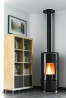 Modern domestic pellet stove, granules stove with flames and library photo