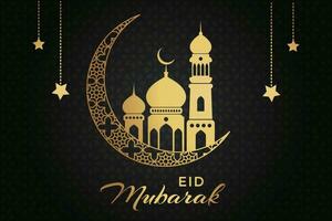 eid mubarak greeting card with mosque and crescent vector