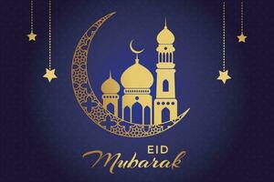 eid mubarak greeting card with mosque and crescent vector