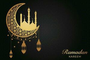 ramadan kareem greeting card with golden crescent and mosque vector